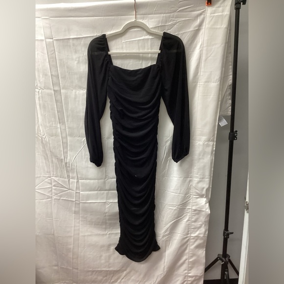 Black Stretch Ruched Dress with Mid length sleeves - Picture 1 of 4